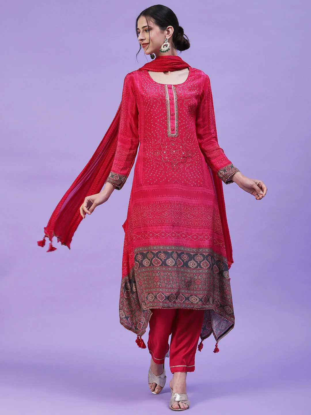 Abstract Printed Mirror Embroidered Asymmetric Hem Kurta with Pants & Dupatta - Magenta