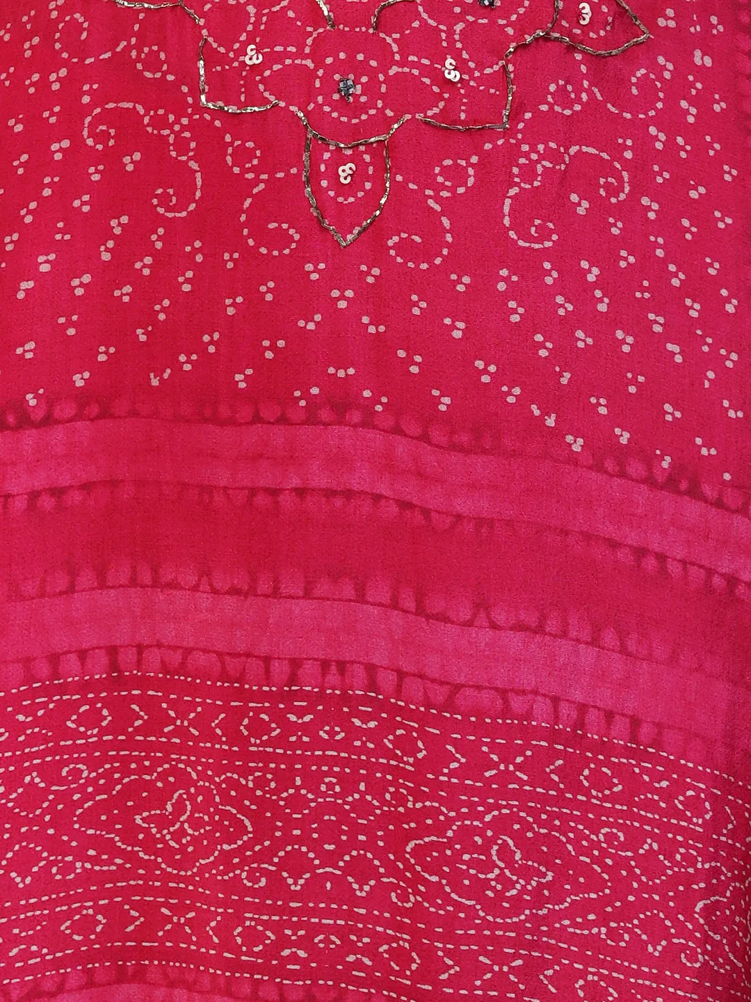 Abstract Printed Mirror Embroidered Asymmetric Hem Kurta with Pants & Dupatta - Magenta