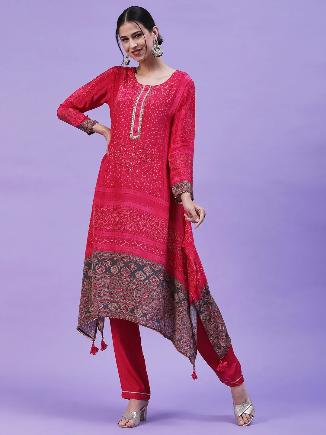 Abstract Printed Mirror Embroidered Asymmetric Hem Kurta with Pants & Dupatta - Magenta