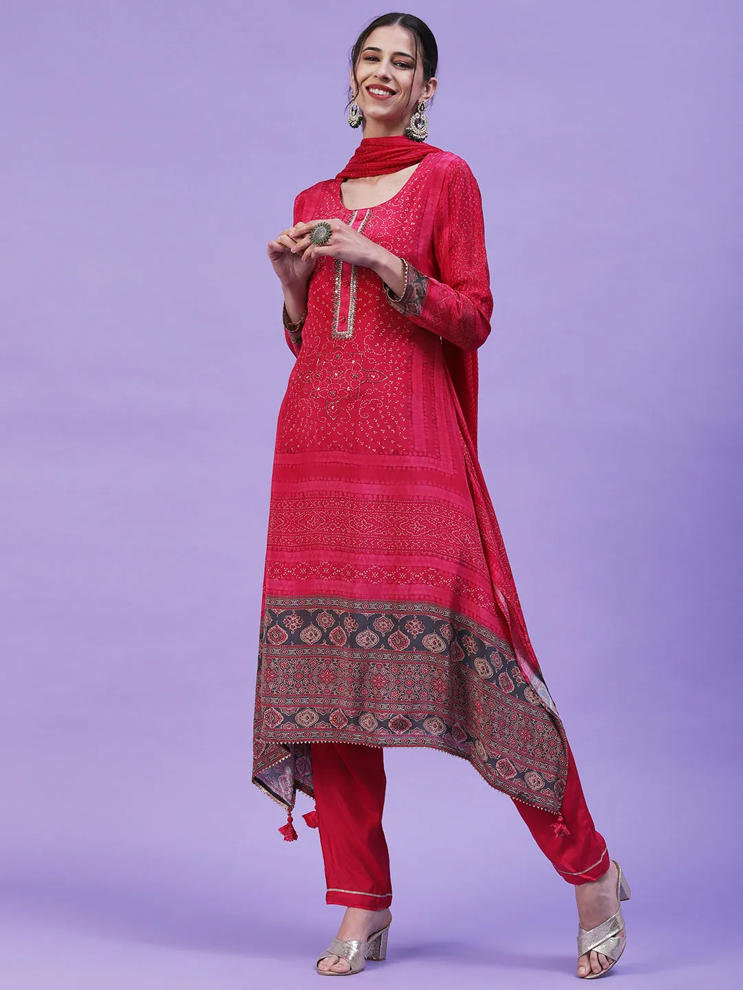 Abstract Printed Mirror Embroidered Asymmetric Hem Kurta with Pants & Dupatta - Magenta