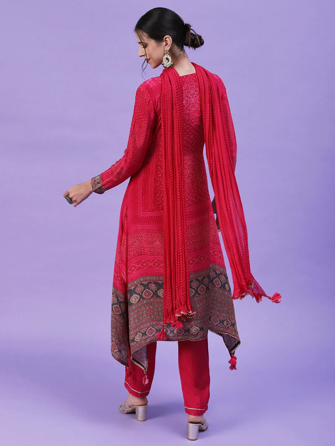 Abstract Printed Mirror Embroidered Asymmetric Hem Kurta with Pants & Dupatta - Magenta