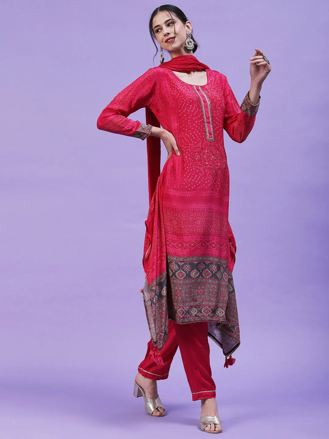 Abstract Printed Mirror Embroidered Asymmetric Hem Kurta with Pants & Dupatta - Magenta