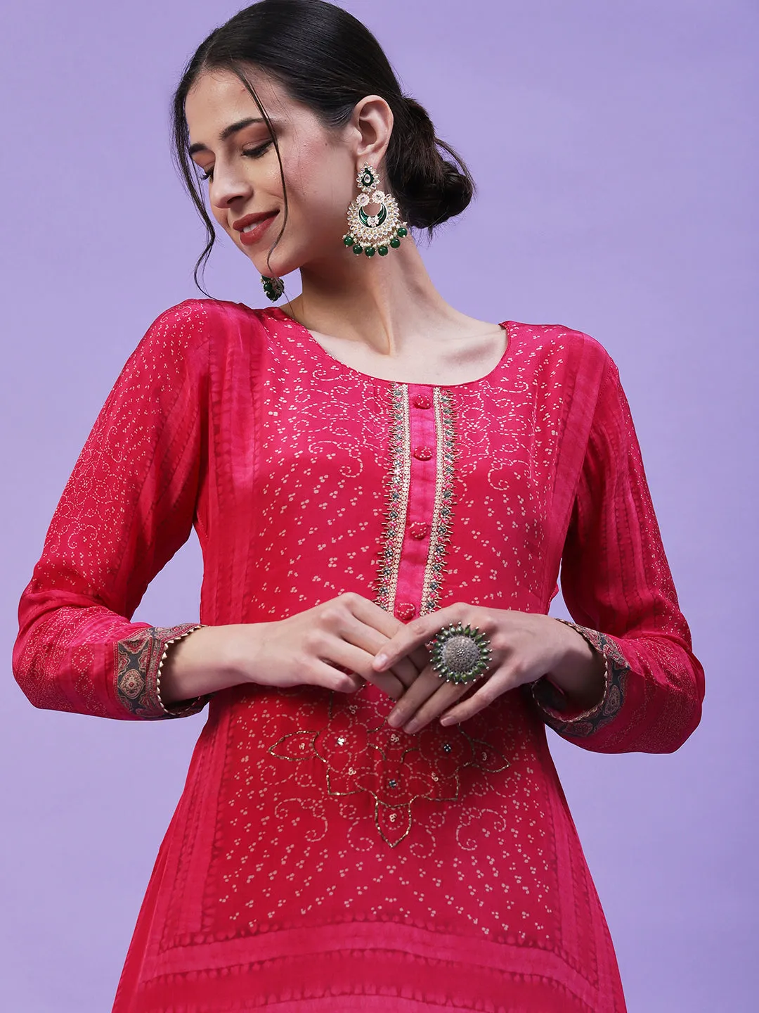 Abstract Printed Mirror Embroidered Asymmetric Hem Kurta with Pants & Dupatta - Magenta