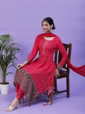 Abstract Printed Mirror Embroidered Asymmetric Hem Kurta with Pants & Dupatta - Magenta