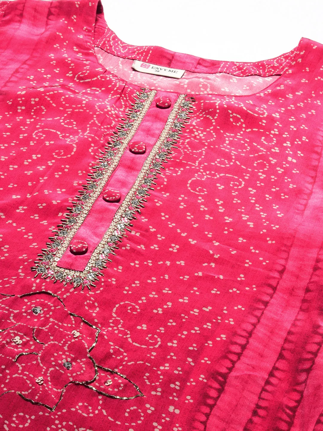 Abstract Printed Mirror Embroidered Asymmetric Hem Kurta with Pants & Dupatta - Magenta