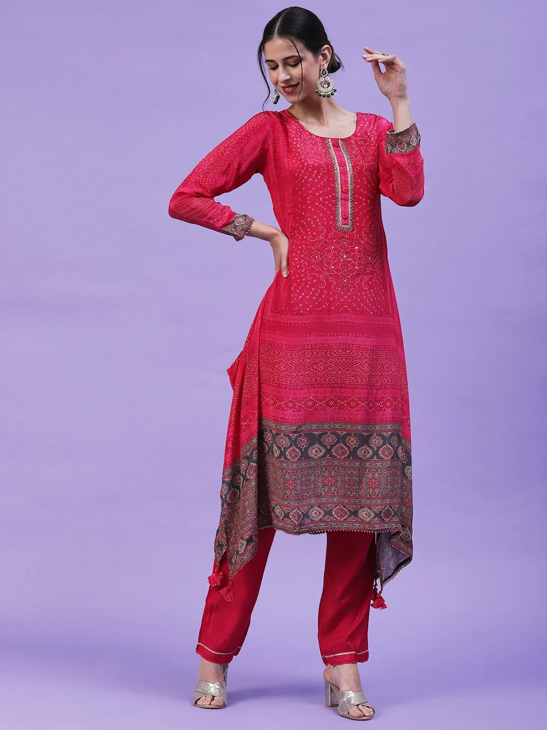 Abstract Printed Mirror Embroidered Asymmetric Hem Kurta with Pants & Dupatta - Magenta