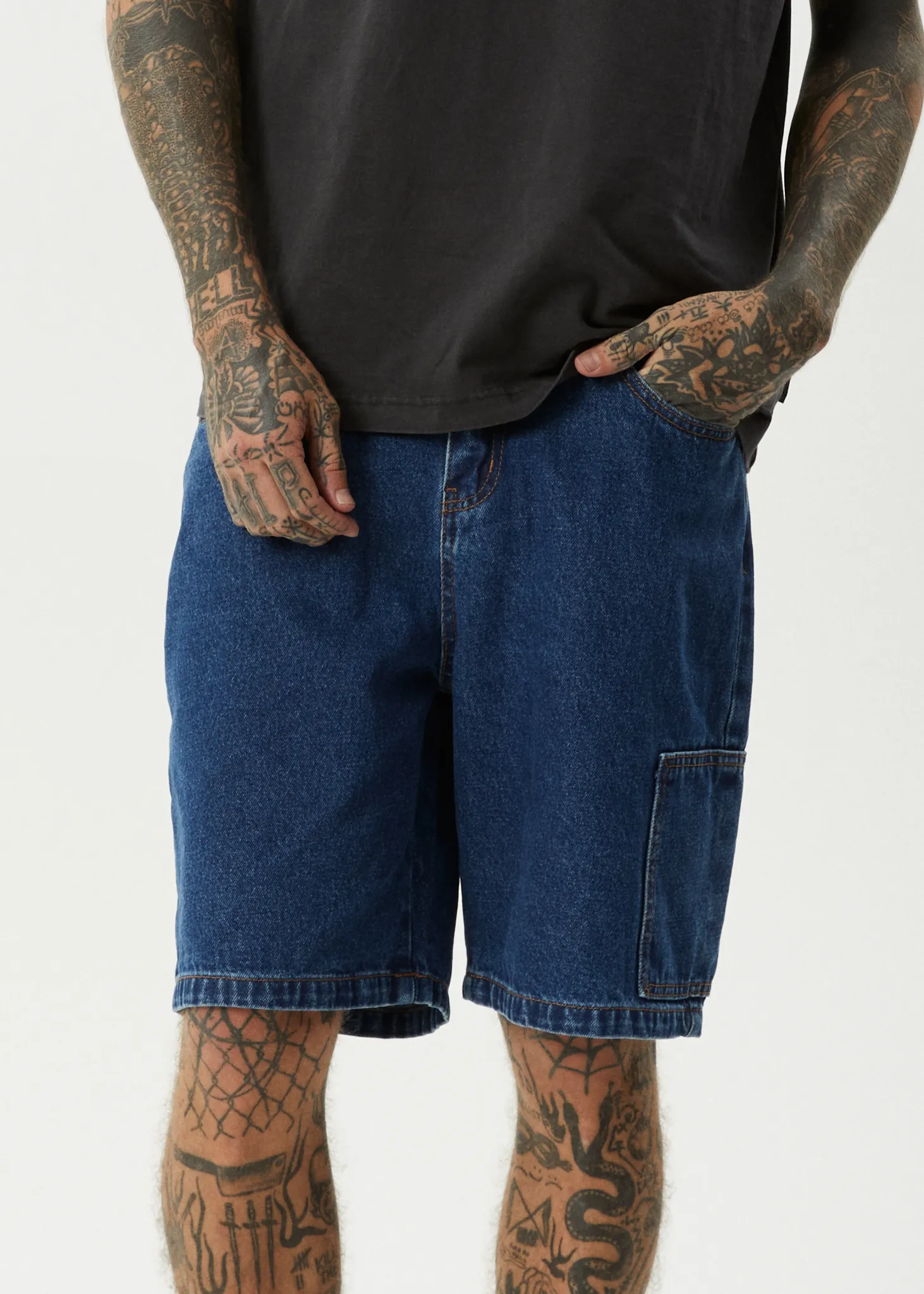 AFENDS Mens Scorched Harper - Denim Baggy Fit Carpenter Short 22 Inch - Authentic Blue