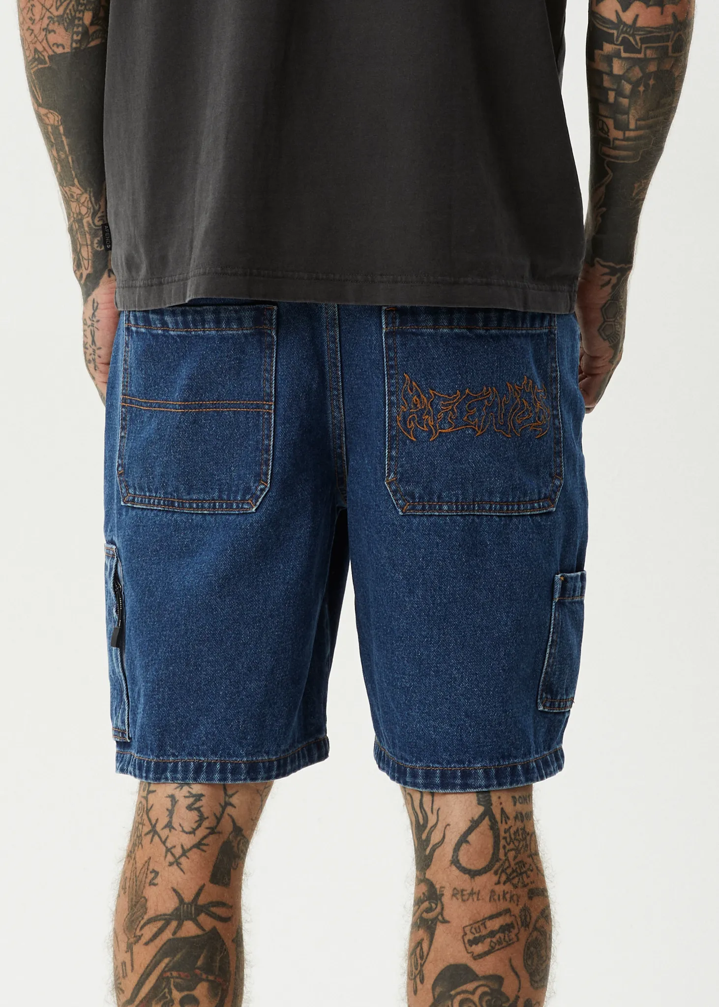 AFENDS Mens Scorched Harper - Denim Baggy Fit Carpenter Short 22 Inch - Authentic Blue