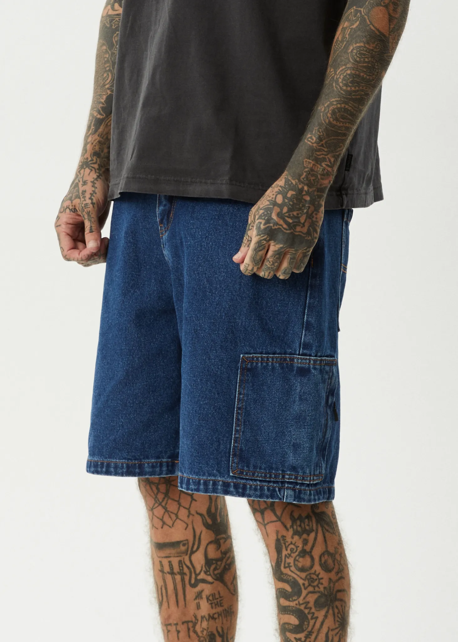 AFENDS Mens Scorched Harper - Denim Baggy Fit Carpenter Short 22 Inch - Authentic Blue