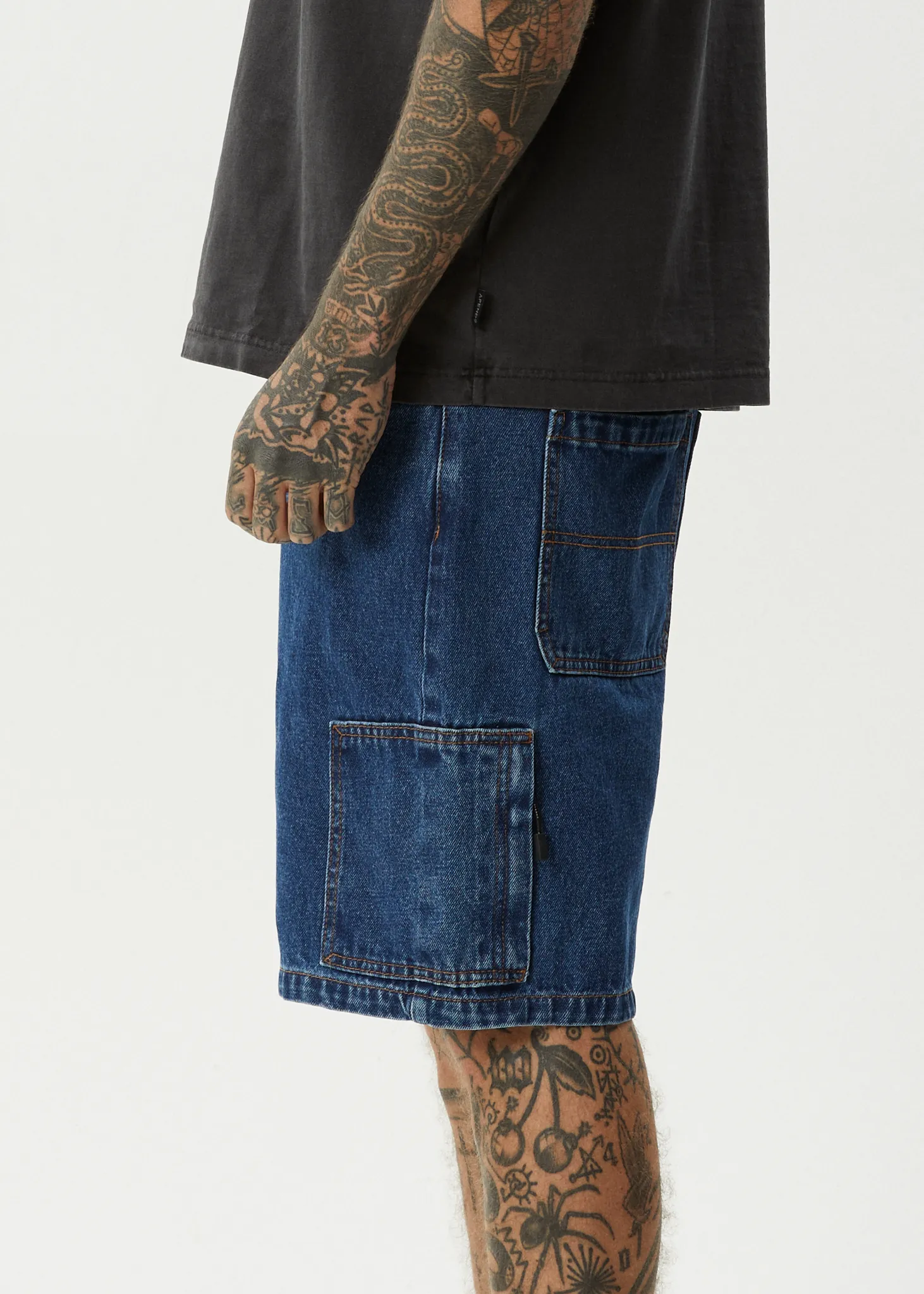 AFENDS Mens Scorched Harper - Denim Baggy Fit Carpenter Short 22 Inch - Authentic Blue