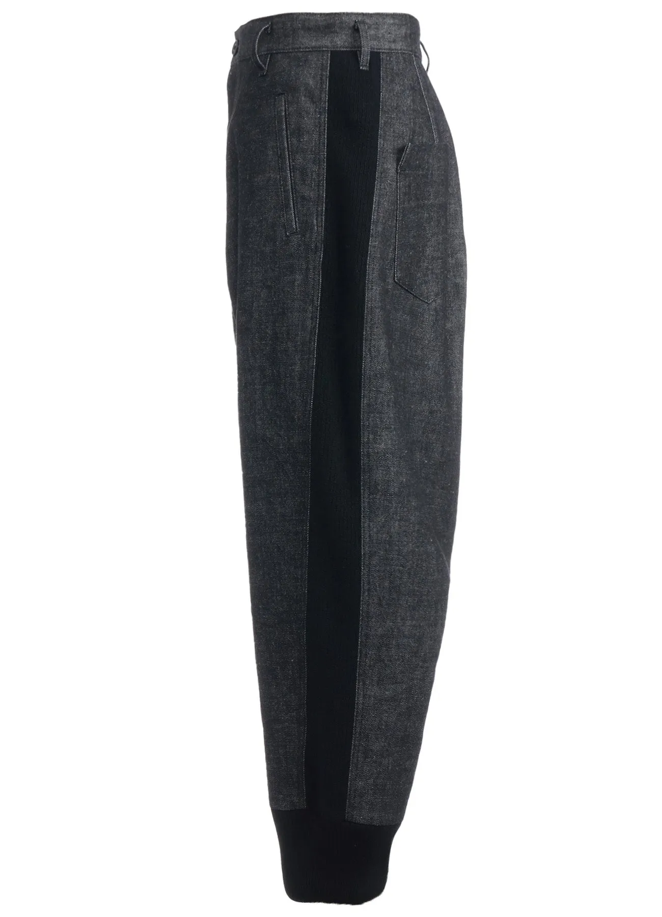 BLACK DENIM  WOOL JERSEY RIBBED HEM PANTS