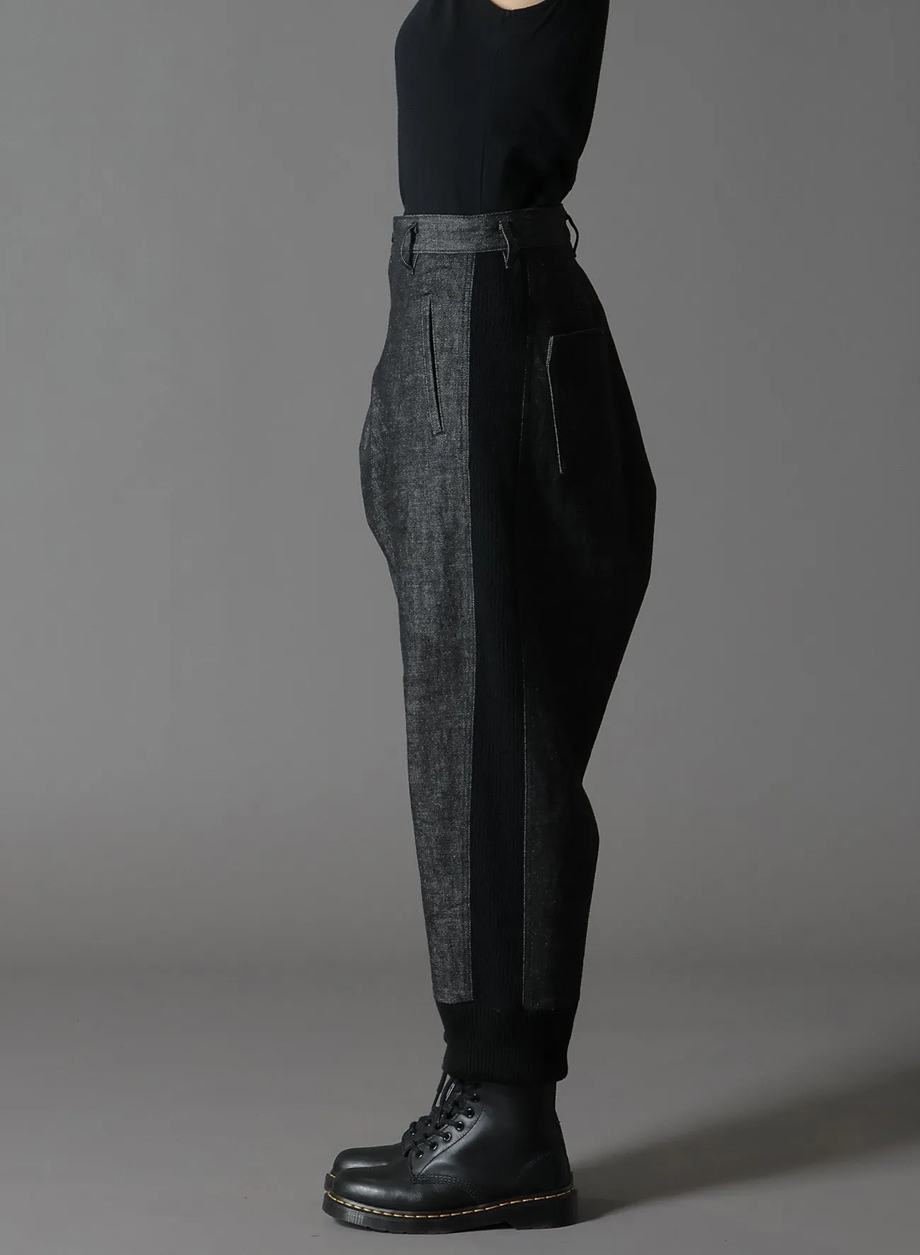 BLACK DENIM  WOOL JERSEY RIBBED HEM PANTS