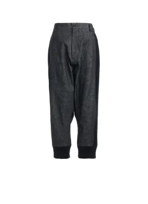 BLACK DENIM  WOOL JERSEY RIBBED HEM PANTS