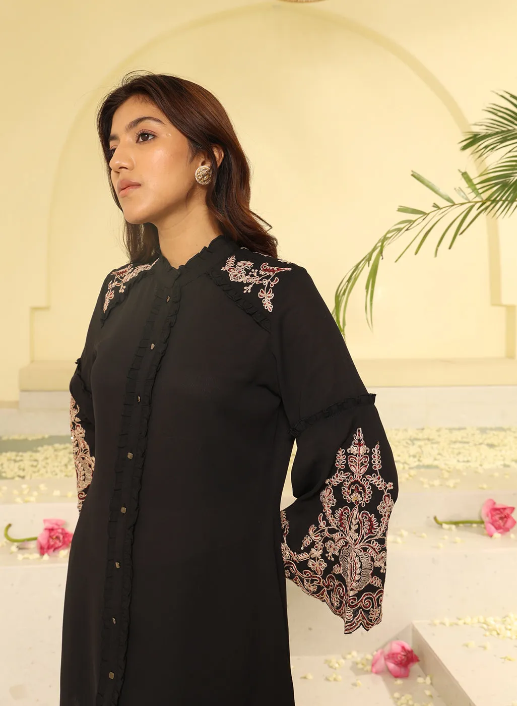 Black Embroidered Tunic with Button Detailing