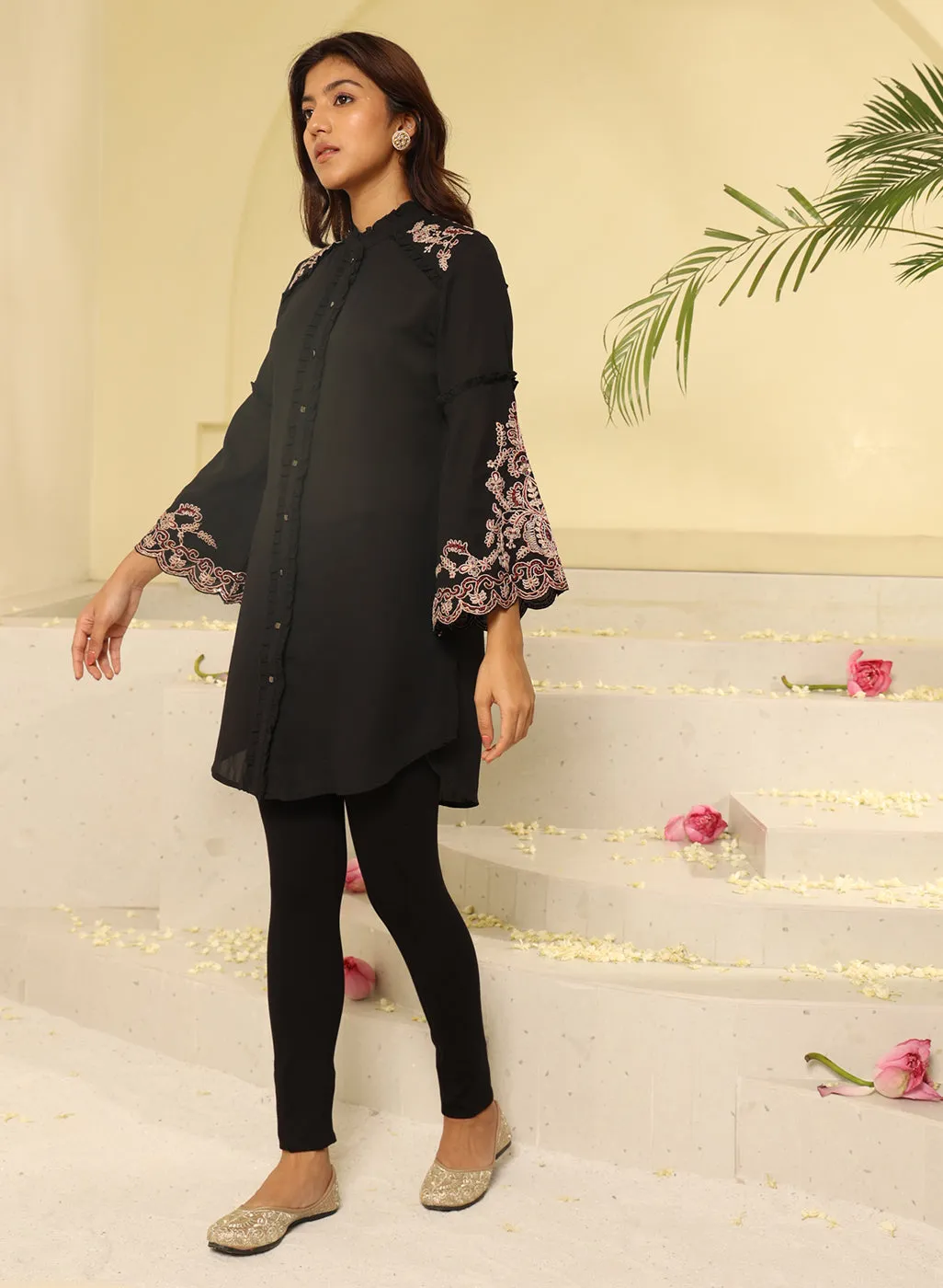 Black Embroidered Tunic with Button Detailing