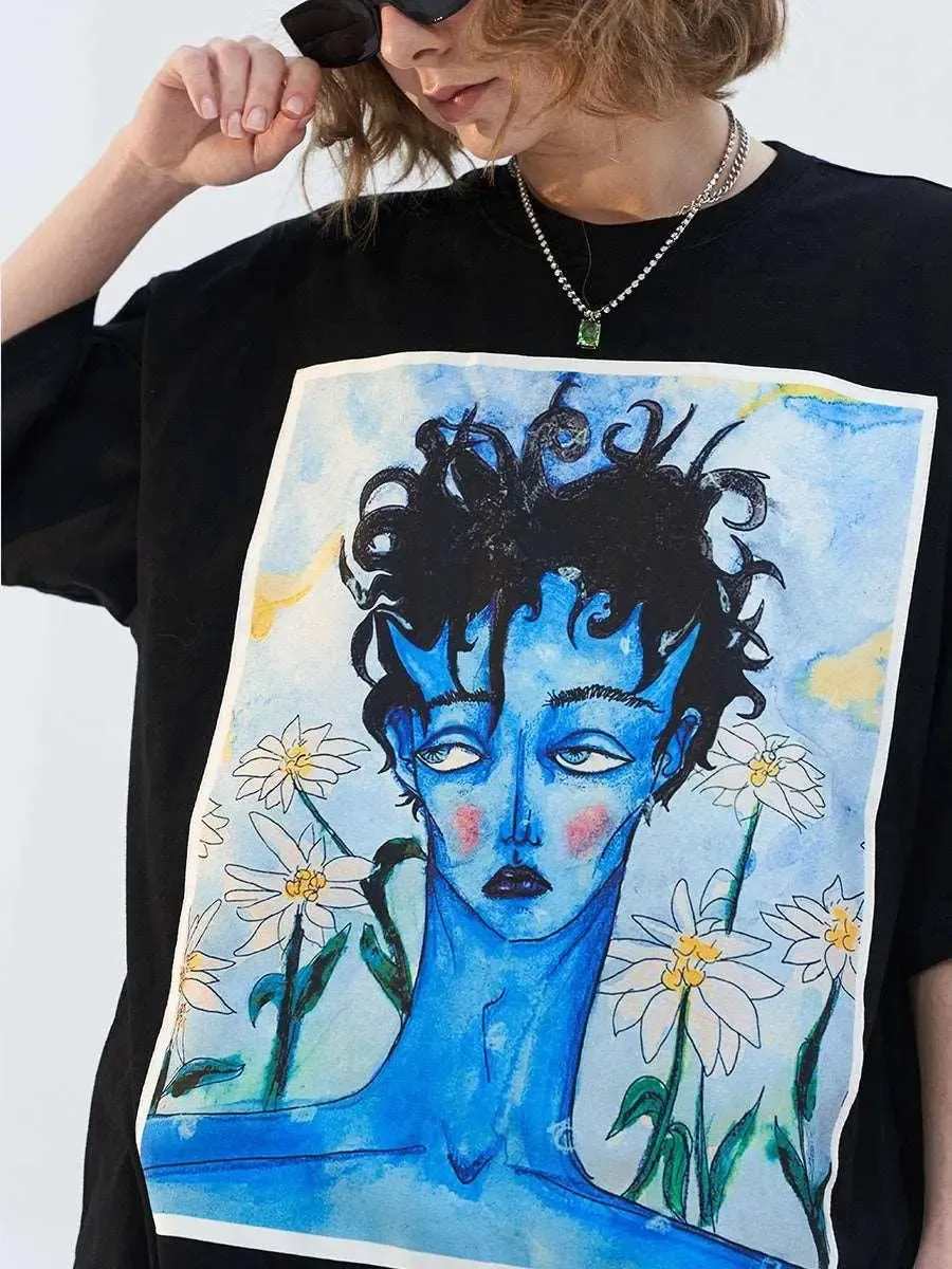 Blue Melancholic Portrait Satin Patch Tee