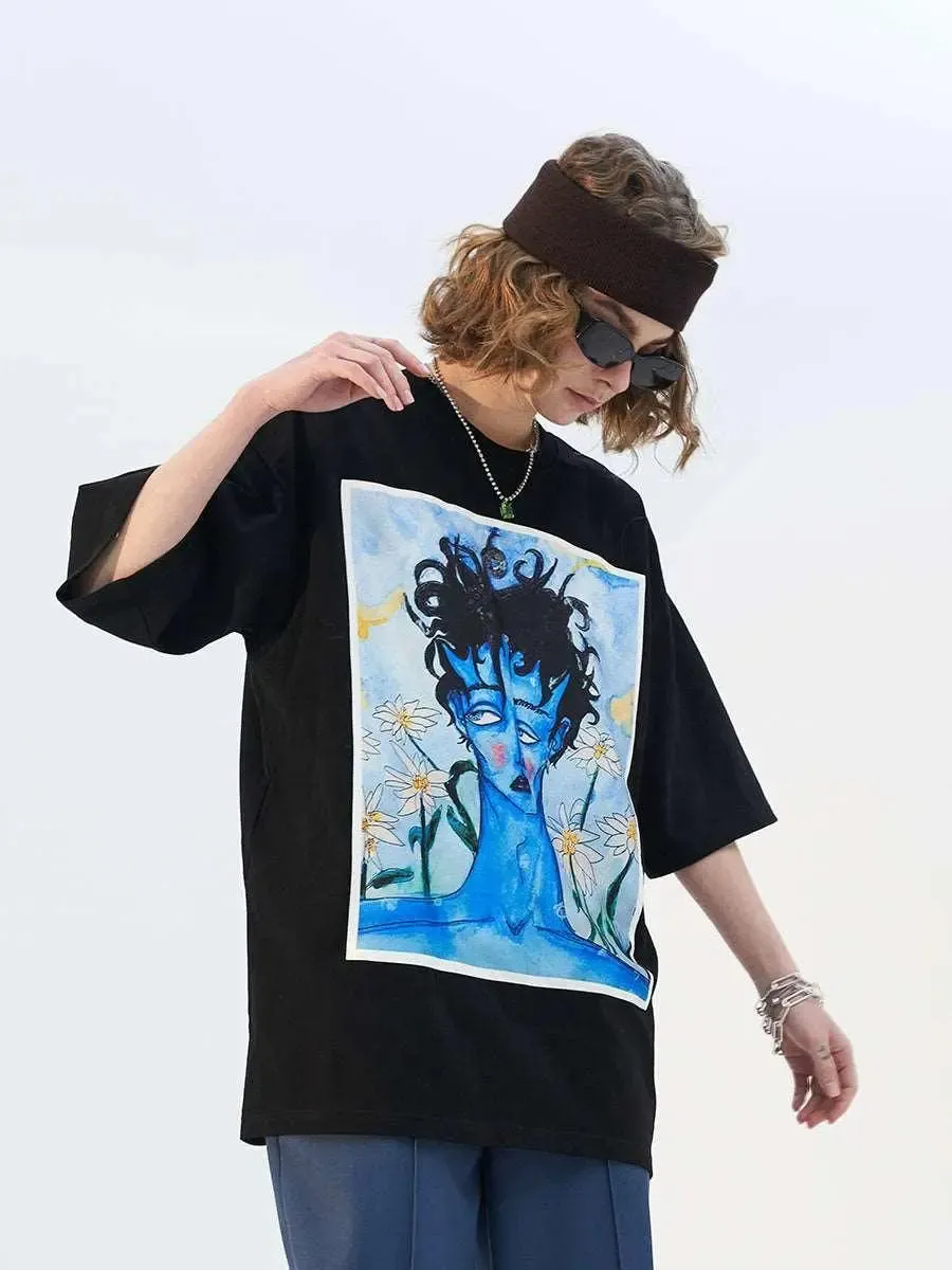 Blue Melancholic Portrait Satin Patch Tee