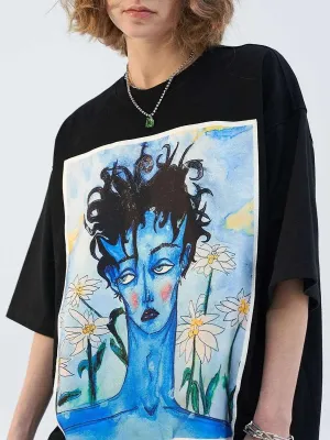 Blue Melancholic Portrait Satin Patch Tee