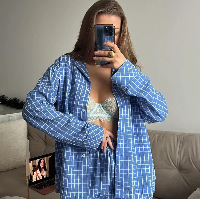 Blue Plaid Woven Pajama Set