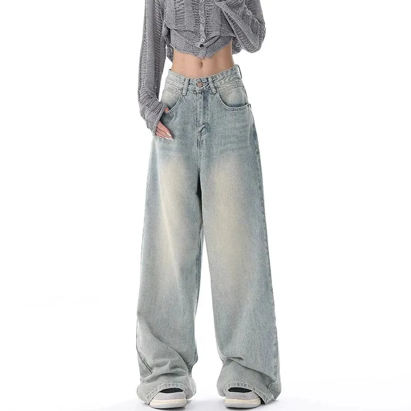 Bonnyshow Autumn Winter New High Waisted Jeans Women Button Full Length Wide Leg Denim Pants Fashion Vintage Y2K Light Blue Loose Trousers