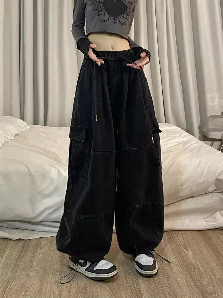 Bonnyshow-Korean Y2K Fashion Drawstring Casual Baggy Cargo Jeans Pants Women Clothing Straight Wide Leg Sweatpants Female Trousers