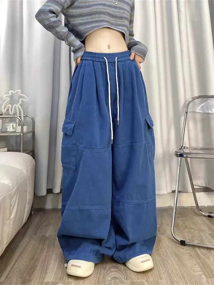 Bonnyshow-Korean Y2K Fashion Drawstring Casual Baggy Cargo Jeans Pants Women Clothing Straight Wide Leg Sweatpants Female Trousers