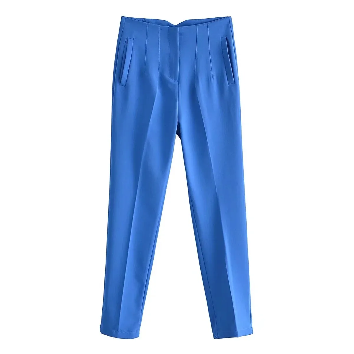 Bonnyshow Women Light Blue Chic Fashion Office Wear Straight Pants Vintage High Waist Zipper Fly Female Trousers Fashion