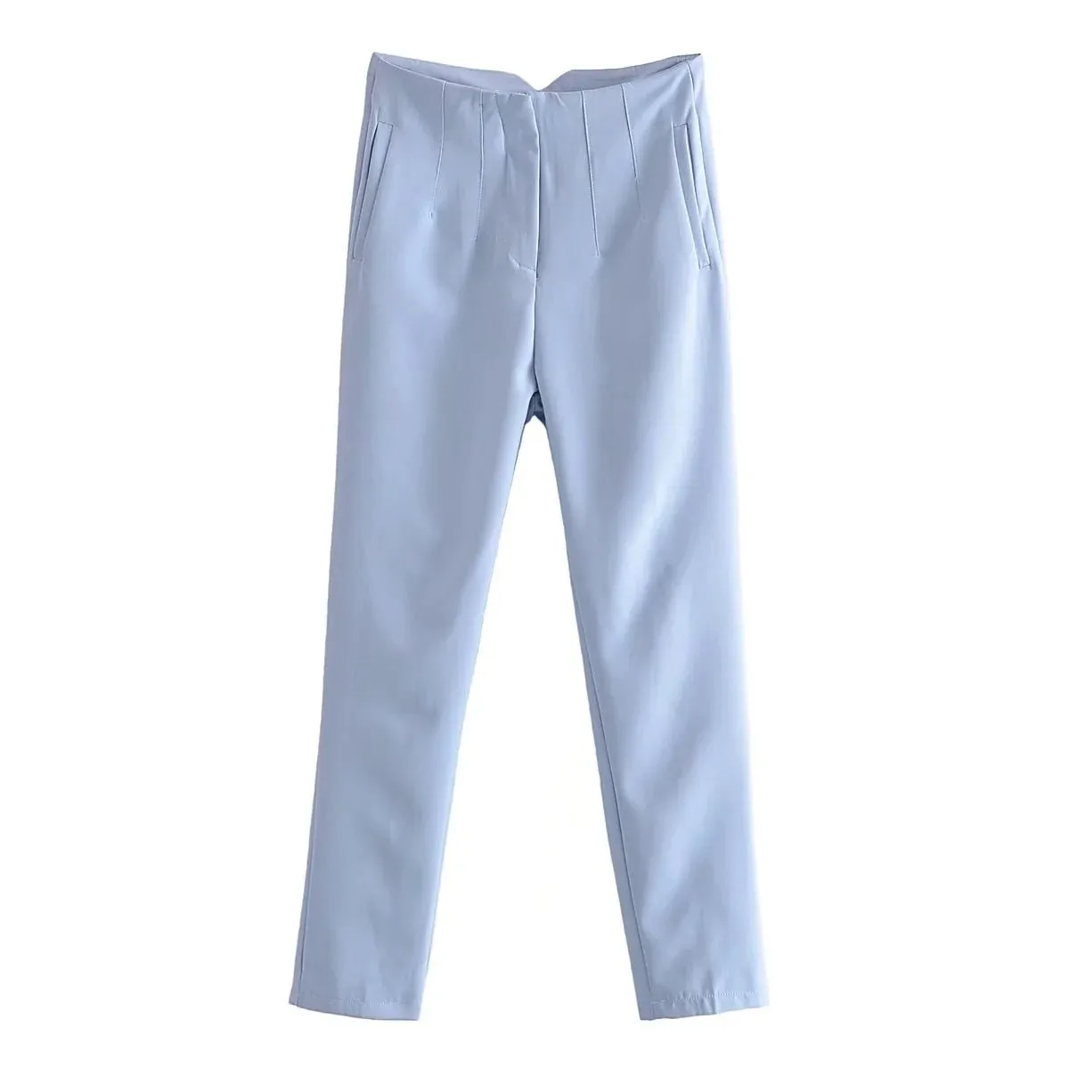 Bonnyshow Women Light Blue Chic Fashion Office Wear Straight Pants Vintage High Waist Zipper Fly Female Trousers Fashion