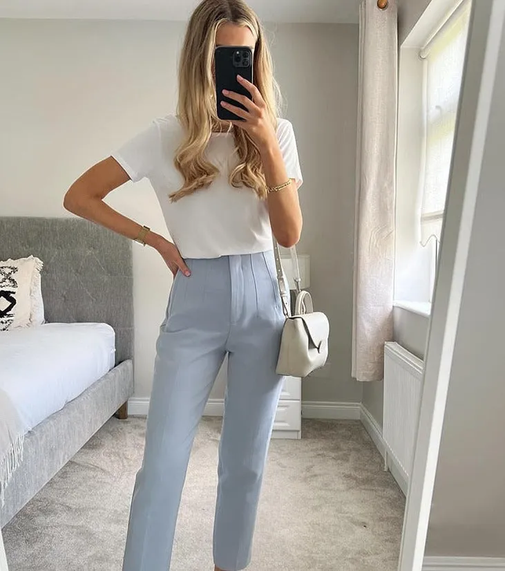 Bonnyshow Women Light Blue Chic Fashion Office Wear Straight Pants Vintage High Waist Zipper Fly Female Trousers Fashion