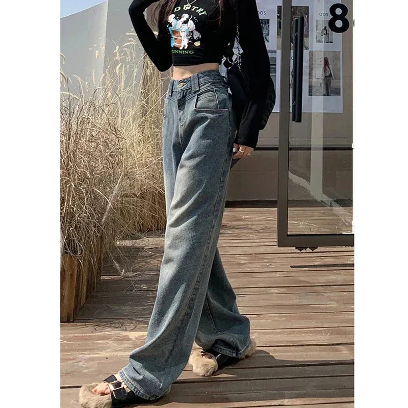 Bonnyshow Women's American Vintage Blue Jeans High Waist Autumn Fashion Streetwear Wide Leg Pants Female Straight Denim Trousers