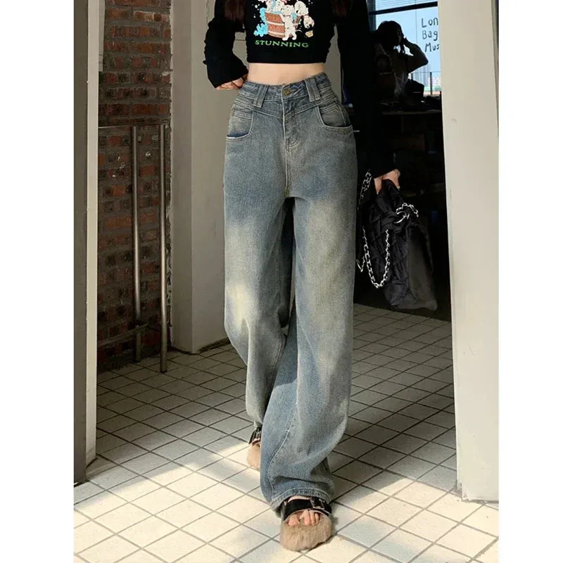 Bonnyshow Women's American Vintage Blue Jeans High Waist Autumn Fashion Streetwear Wide Leg Pants Female Straight Denim Trousers