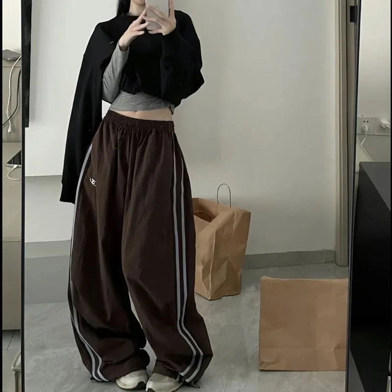 Bonnyshow Y2K Women Cargo Pants Vintage Streetwear Baggy Wide Leg Sweatpants Casual Drawstring Oversize Pockets Tech Fashion Trousers