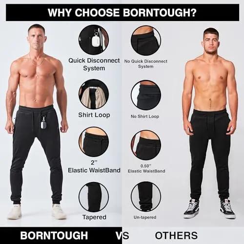 Born Tough Slim-Fit Mens Workout Joggers Pants, Tapered Bodybuilding Gym Joggers, Athletic Running Sweatpants Zipper Pockets Black