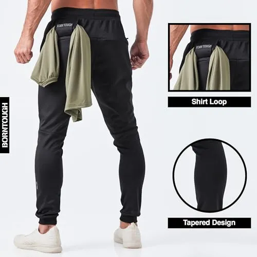 Born Tough Slim-Fit Mens Workout Joggers Pants, Tapered Bodybuilding Gym Joggers, Athletic Running Sweatpants Zipper Pockets Black