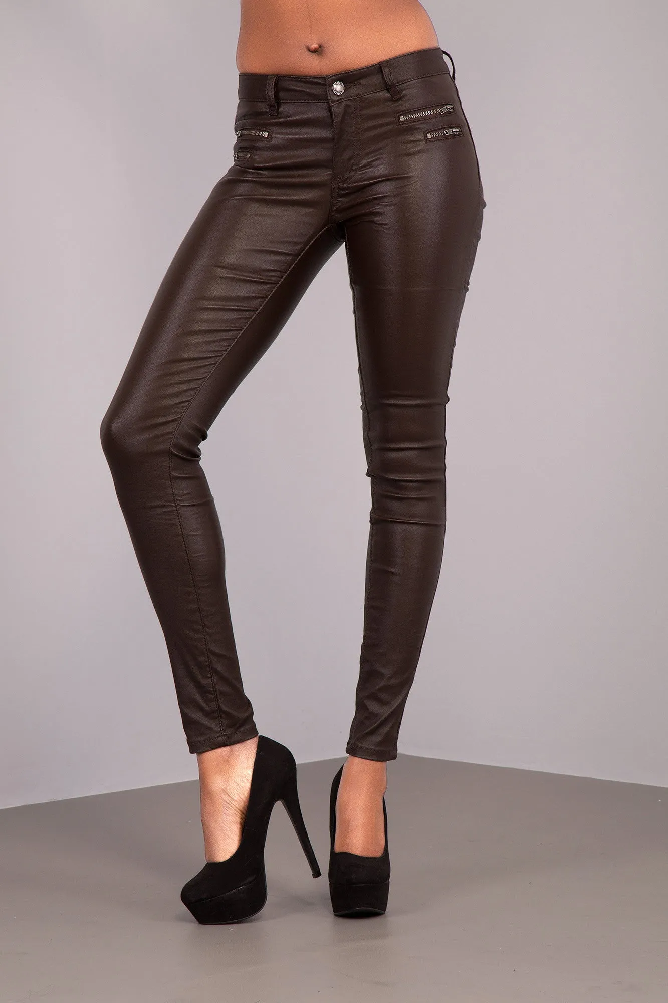 BronzeEdge Faux Leather Trousers with Zipper Detail – Brown