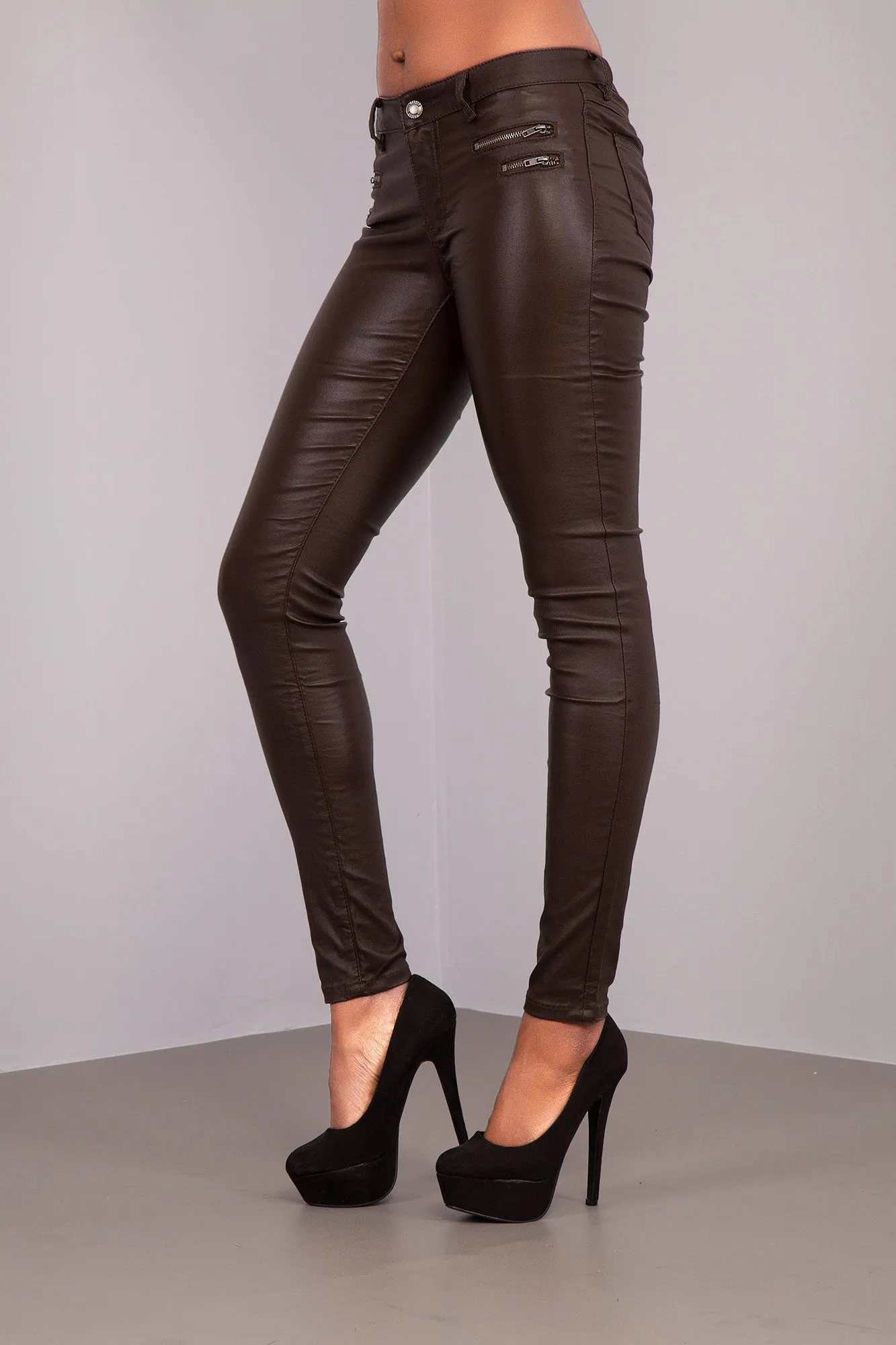 BronzeEdge Faux Leather Trousers with Zipper Detail – Brown