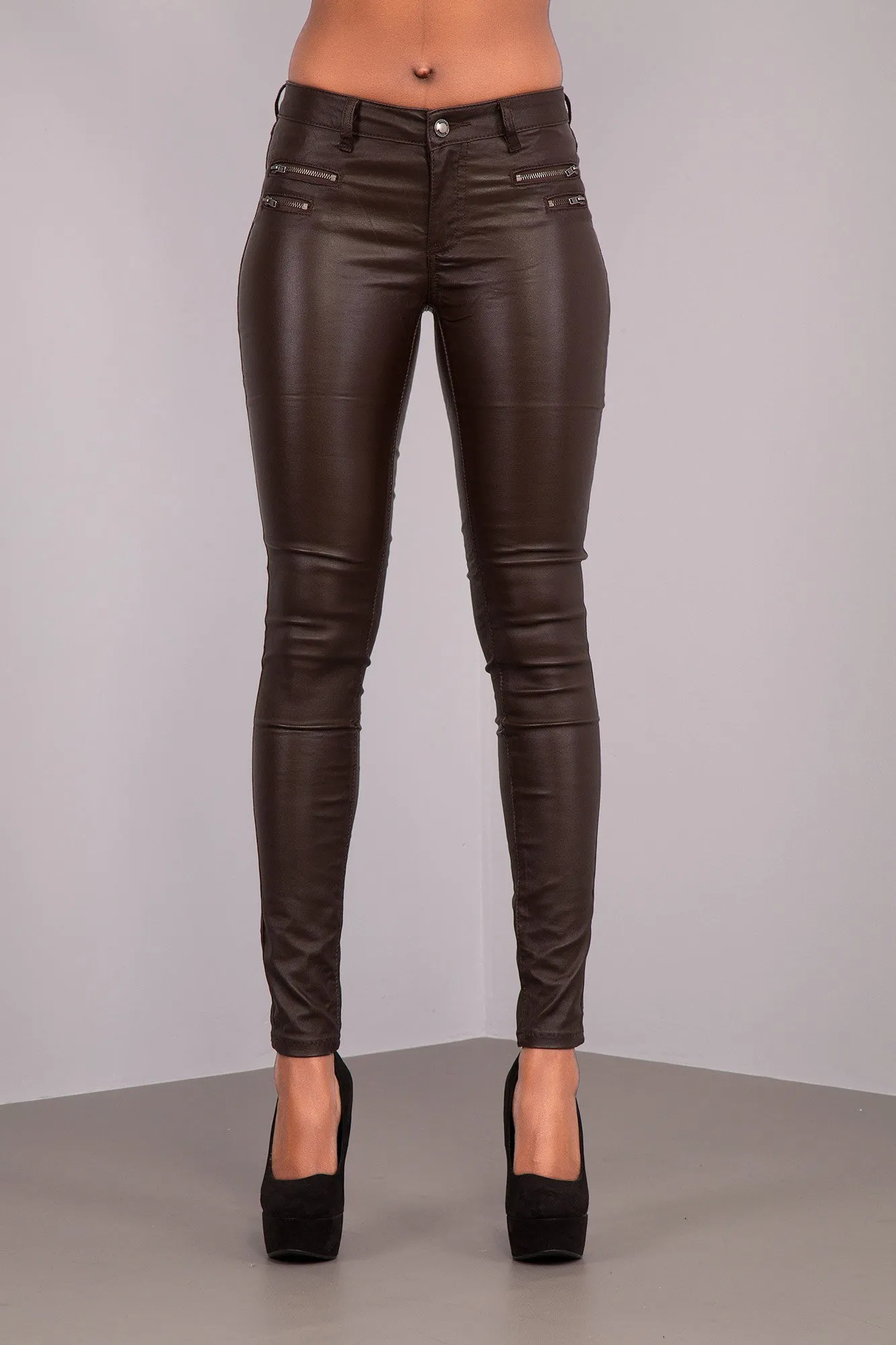 BronzeEdge Faux Leather Trousers with Zipper Detail – Brown