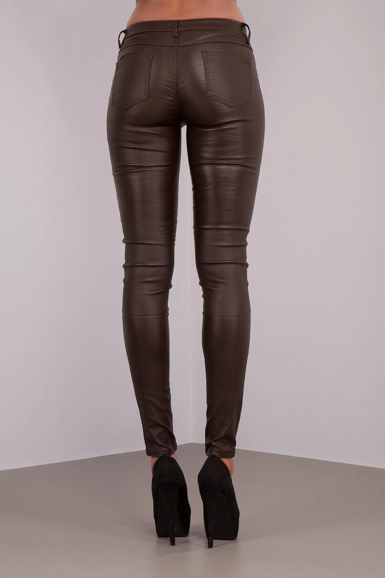 BronzeEdge Faux Leather Trousers with Zipper Detail – Brown