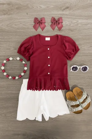 Burgundy & White Scalloped Short Set