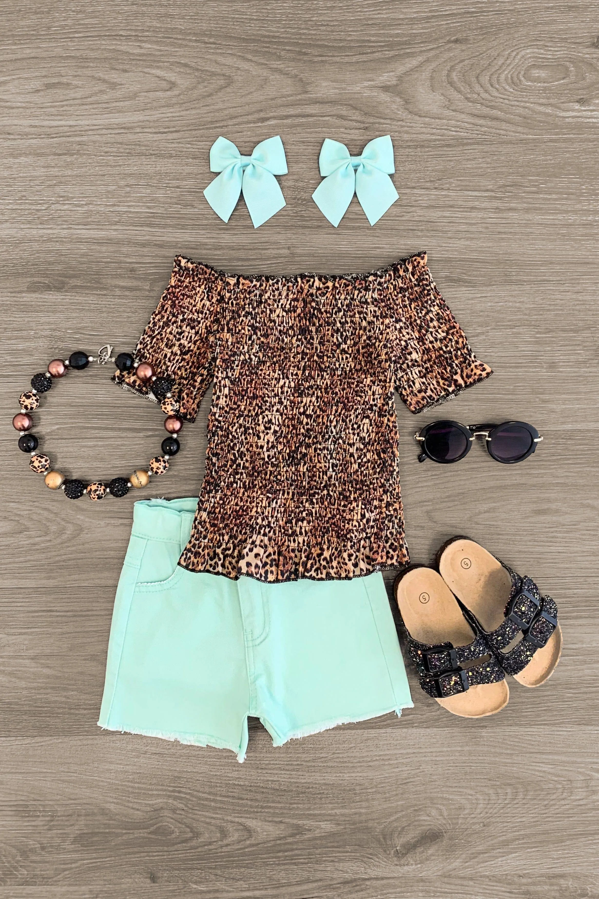 Cheetah & Mint Denim Short Set