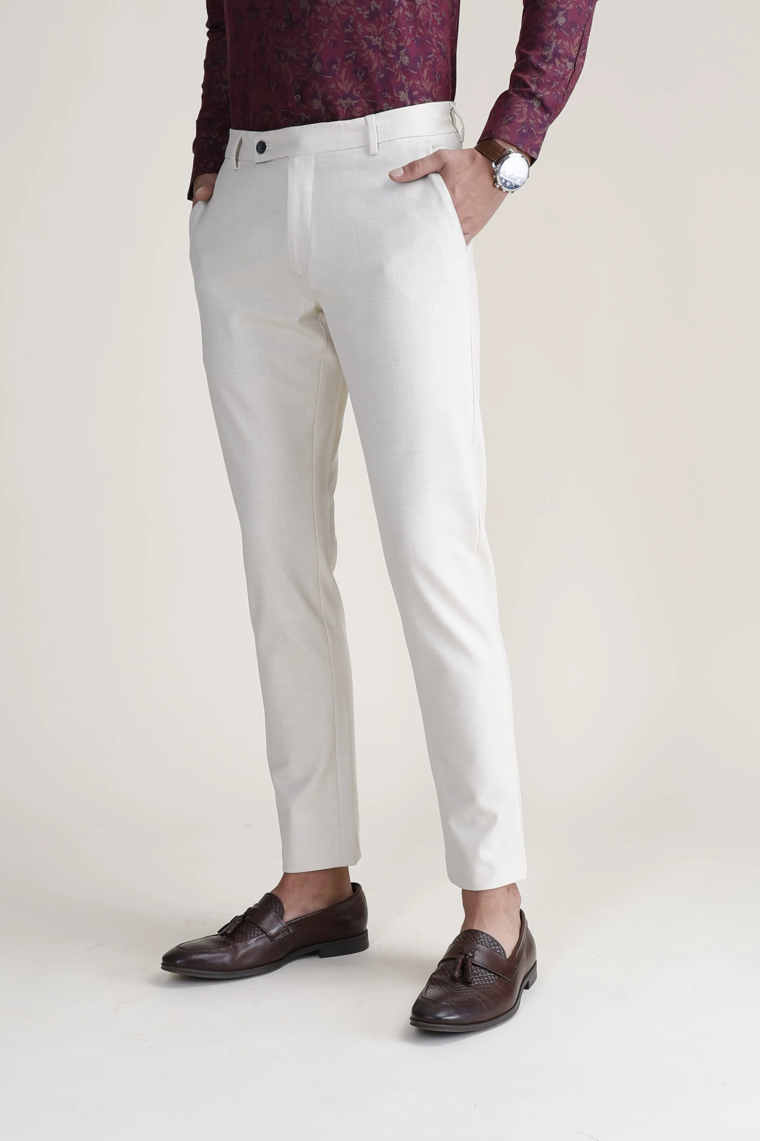 Cream Check Formal Trousers