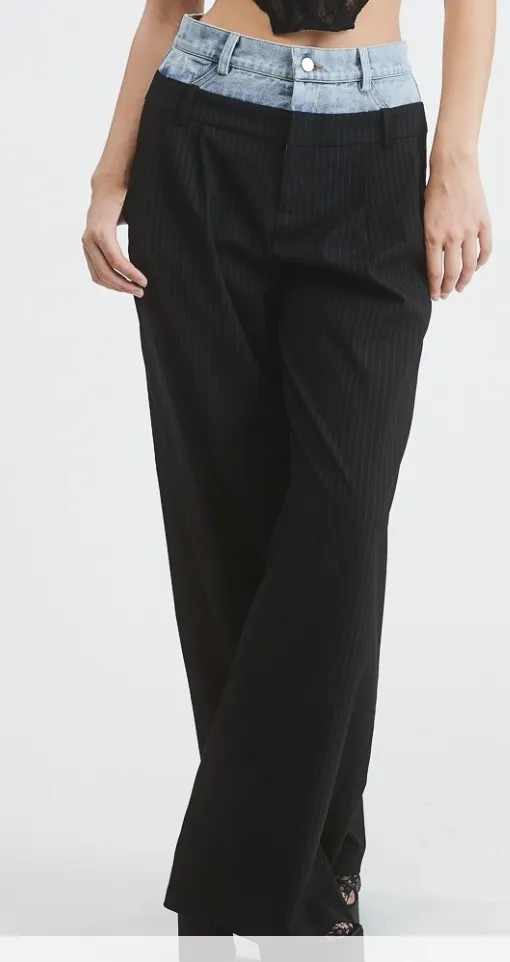 Denim Waist Pinstripe Trouser Layered Pants