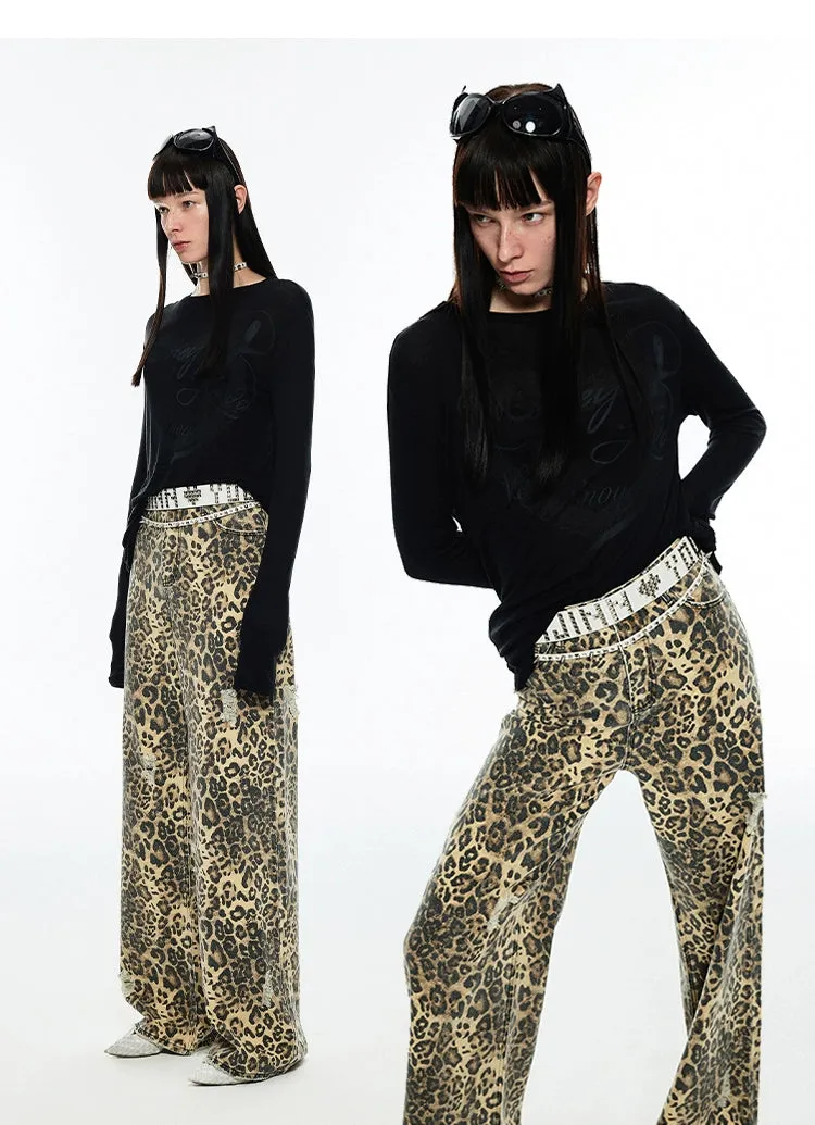 Distressed Leopard Wide-Leg Trousers