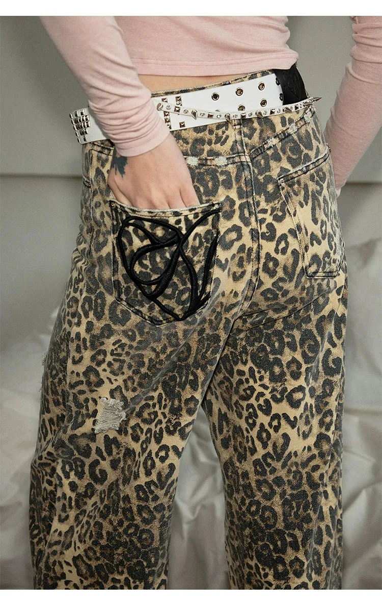 Distressed Leopard Wide-Leg Trousers