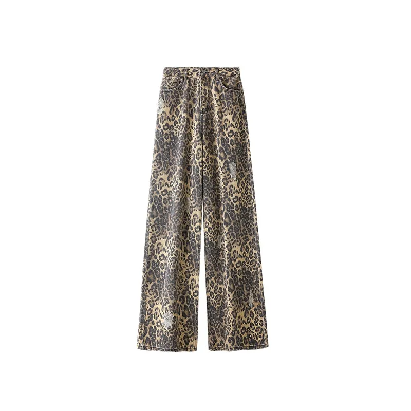 Distressed Leopard Wide-Leg Trousers