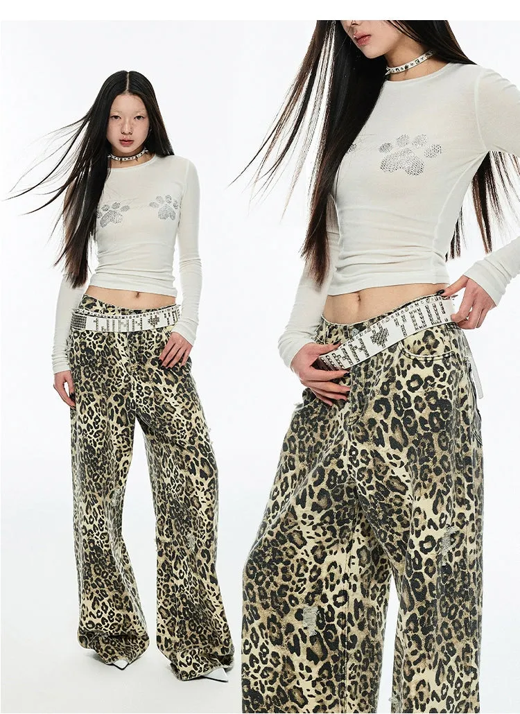 Distressed Leopard Wide-Leg Trousers