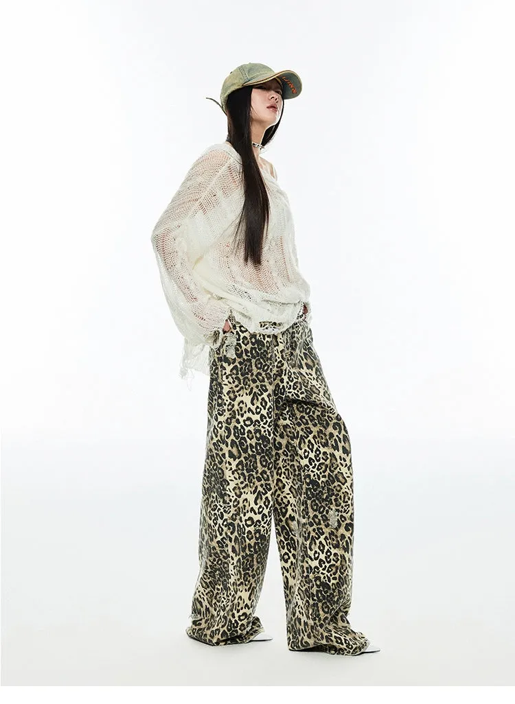 Distressed Leopard Wide-Leg Trousers