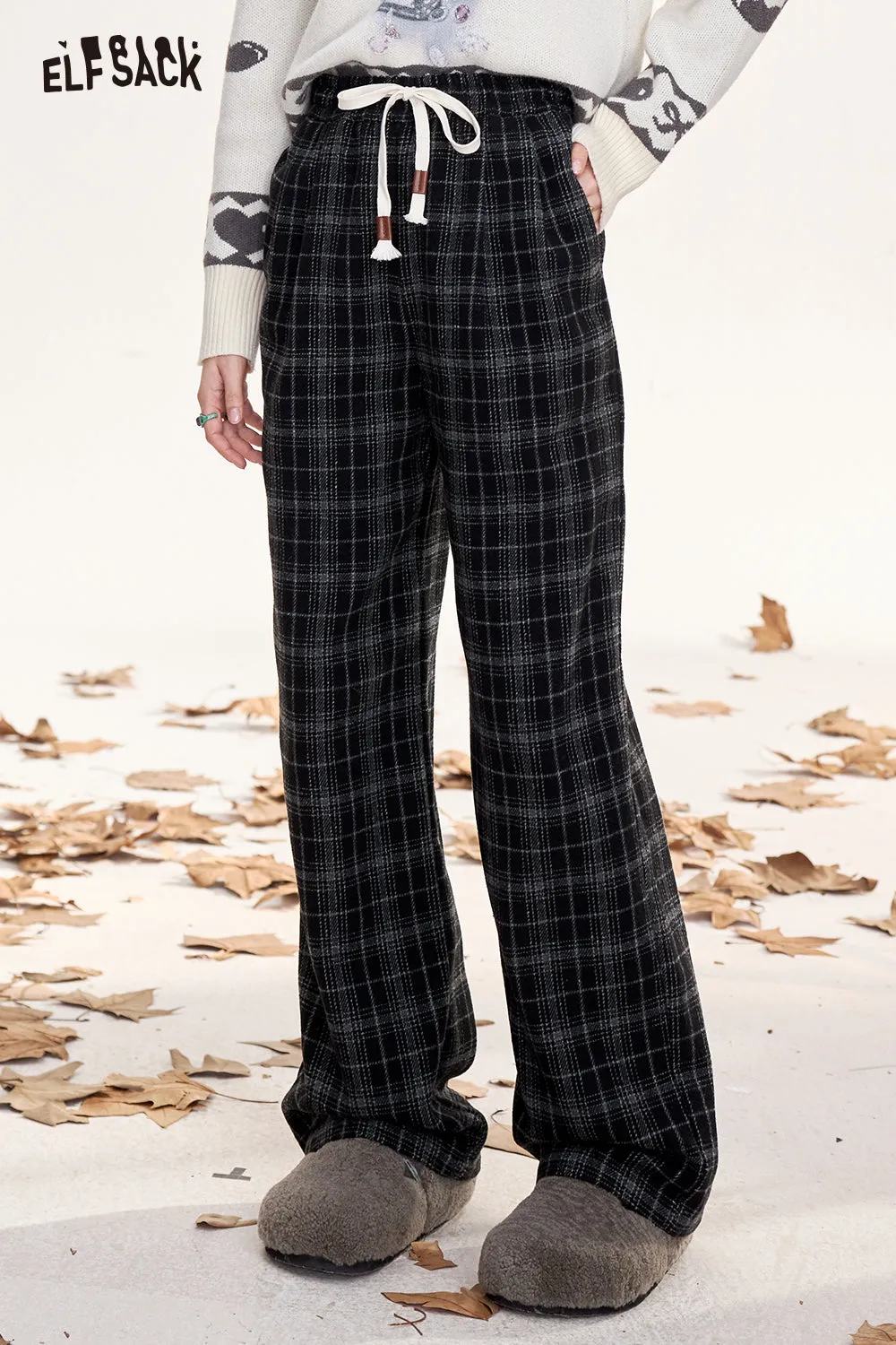 ELFSACK 2024 Winter New Arrivals Retro plaid casual straight pants for women, loose, slim, wide-leg