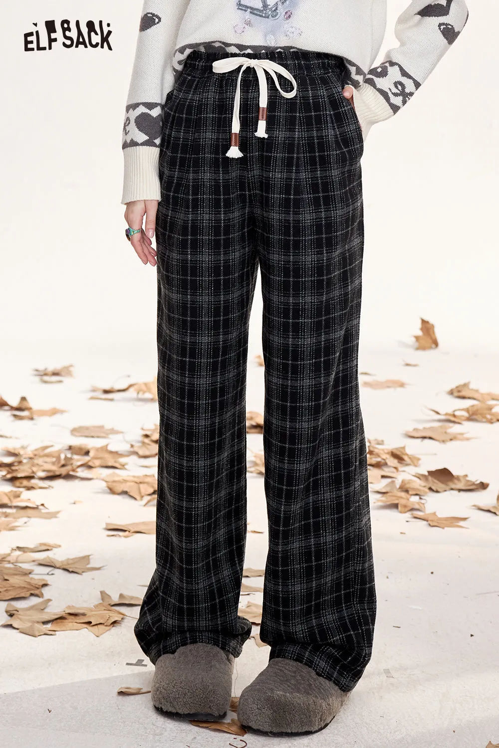 ELFSACK 2024 Winter New Arrivals Retro plaid casual straight pants for women, loose, slim, wide-leg