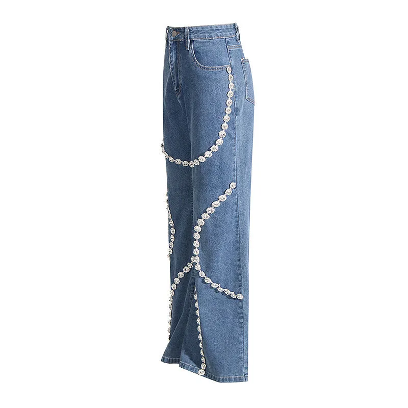 ‘Estelle’ Denim Rhinestone Straight Jeans